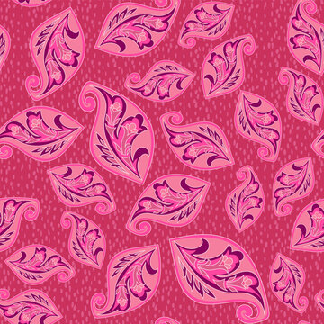Seamless vector pattern with elegant paisley ornaments and buta shapes on a textured pink background. Vibrant palette featuring trendy rosy future and fandango pink tones. Traditional oriental motif