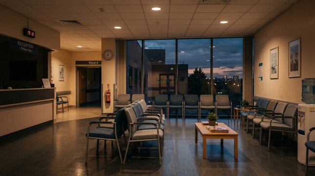 Empty hospital waiting room at dusk with warm lights and empty chairs, emotionally subdued mood