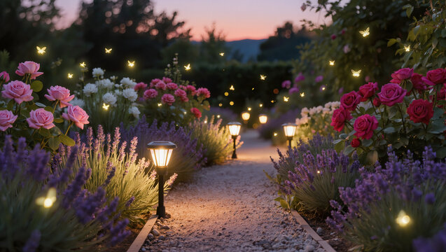 Enchanted Garden Path with Glowing Fireflies at Dusk