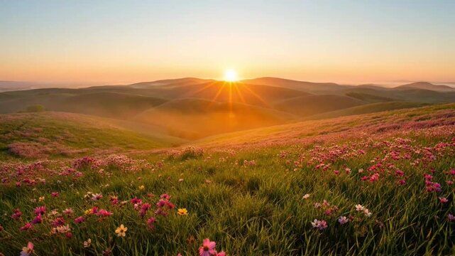 Golden sunrise over mountain wildflower meadow, vibrant spring landscape with sun flare, rolling green hills at dawn, scenic nature background