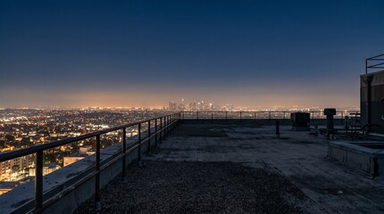Fototapeta premium Empty rooftop at night overlooking distant glowing city skyline, soft blue twilight, cinematic, hopeful loneliness mood