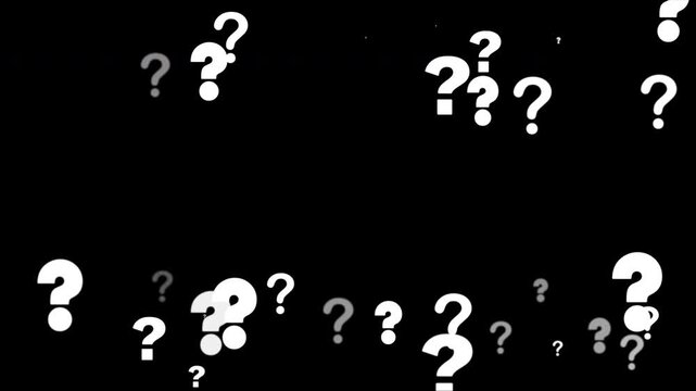 White question marks animation on a black background. Abstract background perfect for concepts of uncertainty, FAQ, searching for answers, and mystery
