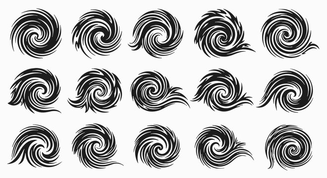 Spiral swirl vortex vector set in black on white, abstract wind and water whirlpool icons, dynamic circular motion shapes for design logos and patterns