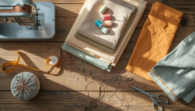 Top-down flatlay of sewing supplies on rustic wooden table, modern sewing machine on right, draped beige linen fabric, mint and pastel blue folded fabrics, spools of light blue and pink thread, vintag