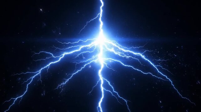 Electric blue lightning strike with glowing energy sparks, powerful atmospheric thunderbolt discharge, cinematic plasma bolt on black background
