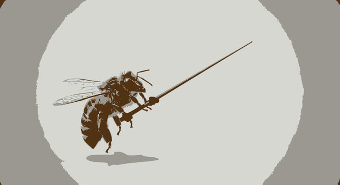 Vintage vector hornet illustration, aggressive stinging wasp with long lance in flight. Brown insect silhouette on beige background for logo, mascot, emblem