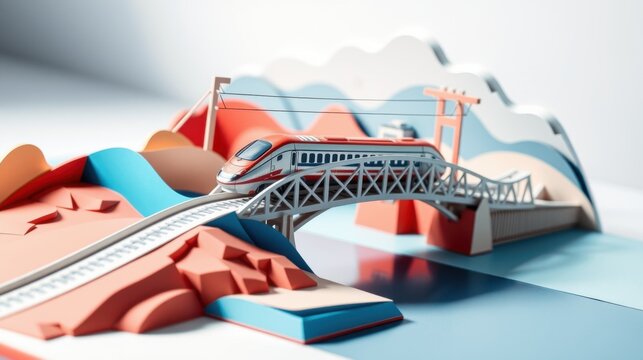 Stylized train crossing bridge. Low poly design, vibrant colors, minimalist landscape. Soft lighting creates playful scene.