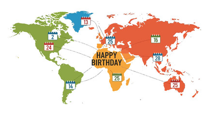 Naklejka premium World map with Happy Birthday message and calendar dates