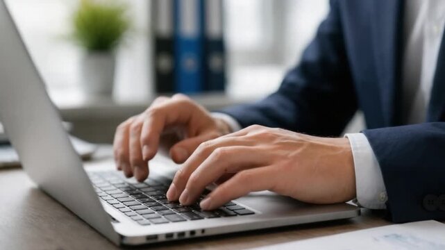 Business person hands typing on 
laptop keyboard in office, professional 
work technology concept