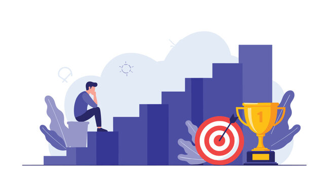 Depressed male professional sits on low steps feeling defeated while a target and a golden trophy represent missed goals and high pressure.
