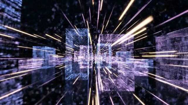 Abstract technology background with purple and yellow lights.