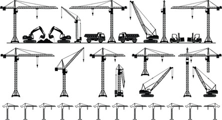 Construction crane and heavy machinery silhouettes set with excavators trucks and industrial equipment vector collection © Niheranjan