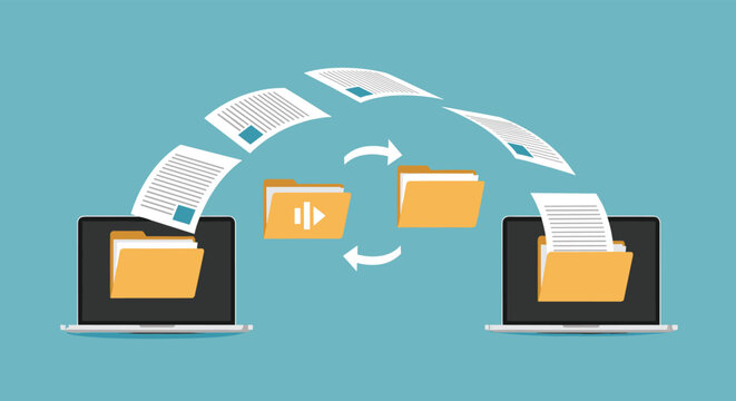 Digital documents and files fly between two laptop computers and folders to illustrate the process of data synchronization and file sharing.