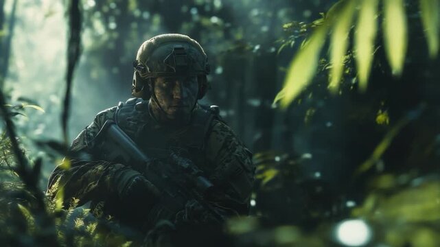 Military soldier in jungle tropical 
forest with full tactical gear, 
special forces combat operation concept