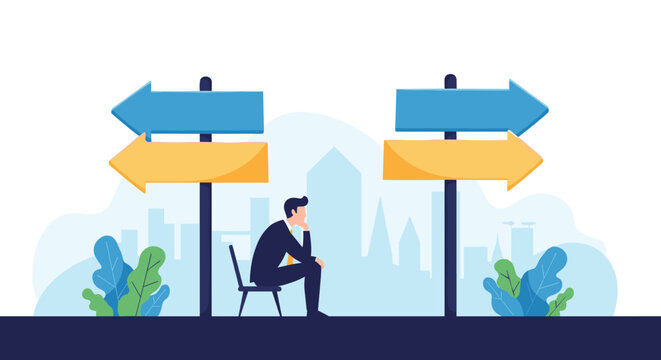 Concerned businessman sitting in thought between two directional signposts in a city setting, representing difficult decision making and choice.