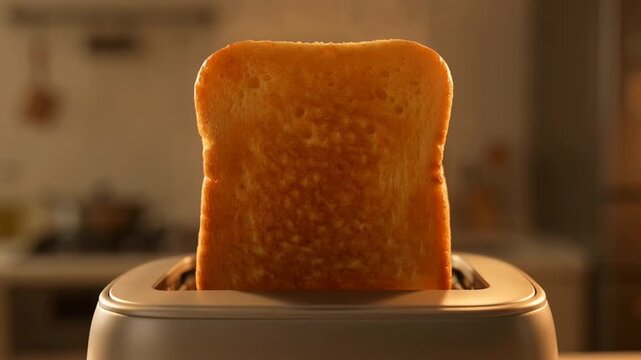 Japanese milk bread slice popping up from a toaster. Warm kitchen interior in the background.