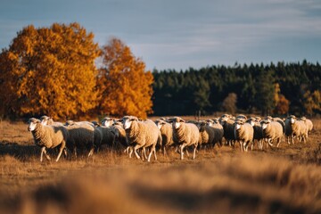 Fototapeta premium group of sheep grazing and walking in countryside field with autumn colors and warm light, livestock farming, agriculture, pastoral scene