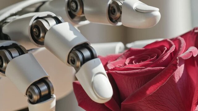 Futuristic Robotic Bionic Hand Gently Touching a Soft Red Rose Petal
