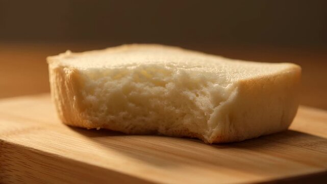 Japanese milk bread shokupan slice resting on a wooden board. The soft texture of the bread is highlighted by warm lighting.