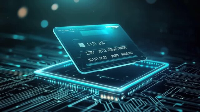  Digital credit card with holographic technology interface, fintech and cybersecurity concept