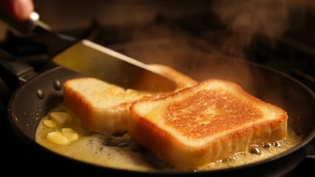 Japanese milk bread slices toasting in a pan with melting butter. Culinary process of preparing shokupan for breakfast.