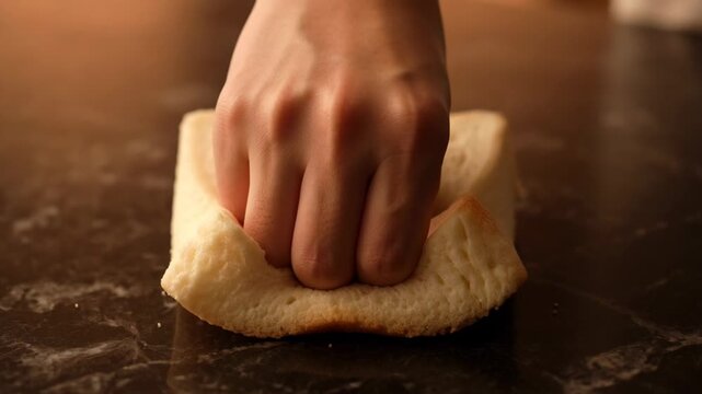 Hand pressing down on a soft slice of Japanese milk bread. The shokupan demonstrates its signature fluffy texture.