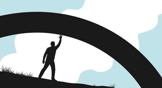 Silhouette of a strong man using all his effort to push up a large, heavy curved black beam against a bright sky, representing resilience and power.