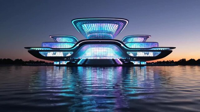 A futuristic building with blue lights on water.