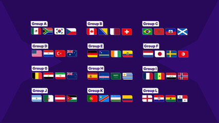 Vector set of 2026 World Cup participating team flags organized by groups A to L. Featuring modern rounded badge designs inspired by the official 2026 tournament branding on a dark purple background.  © Kybo Creative