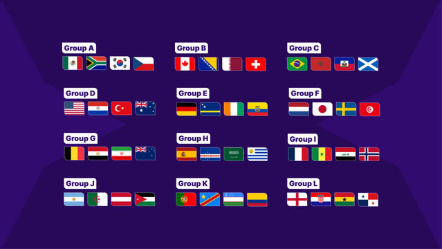 Vector set of 2026 World Cup participating team flags organized by groups A to L. Featuring modern rounded badge designs inspired by the official 2026 tournament branding on a dark purple background. 