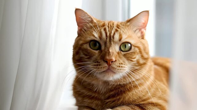 Ginger tabby cat resting by white curtains, turning head to look at camera with curious eyes. Cozy domestic pet portrait for animal welfare, veterinary