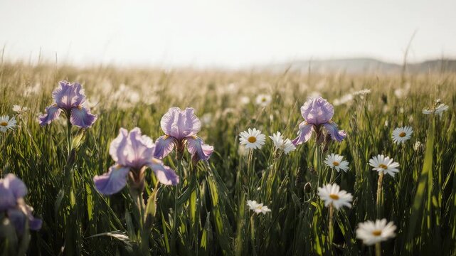 A dreamlike field of wild purple irises and white daisies glowing in the soft, warm light of a late afternoon sun.