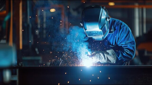 Welder welding metal with bright 
blue arc flash sparks flying, 
industrial metalwork craft concept