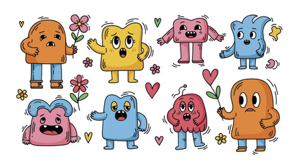Collection of cute cartoon monsters with different emotions and expressions. © Baru