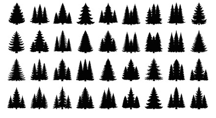Fototapeta premium Collection of various black pine tree silhouettes on white background forest icons nature symbols graphic elements