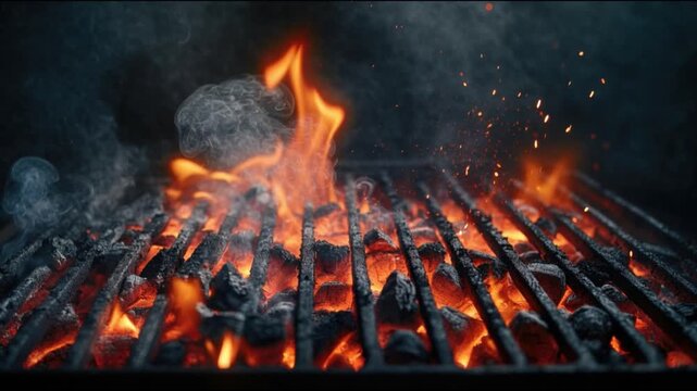 BBQ grill with intense flames 
and hot coals close up, barbecue 
grilling fire concept