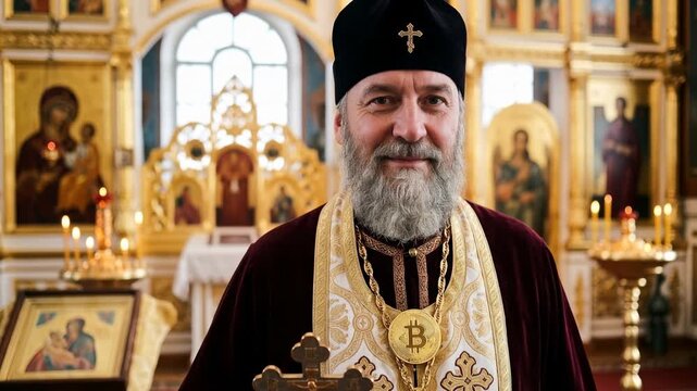 Orthodox priest in ornate robes with Bitcoin pendant inside a golden church. A bearded Orthodox priest stands in a richly decorated church