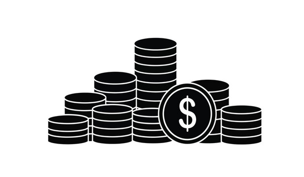 A striking black illustration depicts several stacked coins and a single dollar sign creating a financial impression silhouette high quality professional detailed modern elegant