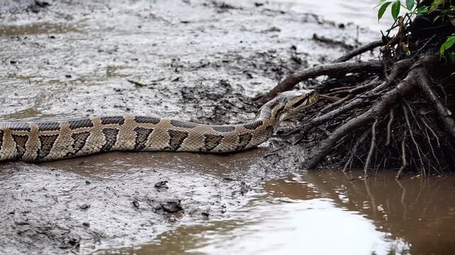Large python snake slithers through muddy swamp water in tropical forest
