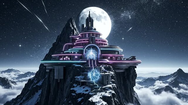 A futuristic castle on a mountain peak under a full moon with a starry night sky.