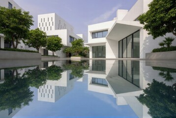 Fototapeta premium Modern White Courtyard With Trees and Reflective Pool Showcasing Minimalist Architectural Design