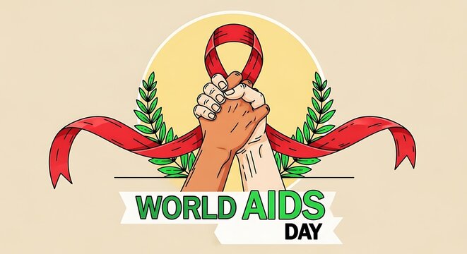 World aids day awareness campaign symbol with red ribbon and hands