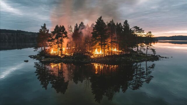 Island forest fire reflected in calm lake at dusk with dramatic sky. A small island covered in pine trees burns intensely, with flames and smoke rising into the twilight sky