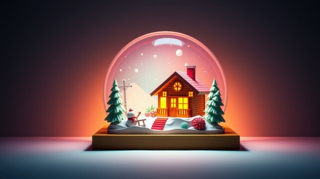 Cozy cabin inside snowglobe. Festive scene depicts winter holiday warmth, illuminated windows, snowy landscape. Peaceful, charming.