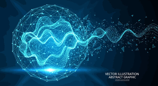 Futuristic digital sound wave vector, abstract blue glowing plexus sphere, high tech data visualization and signal frequency background