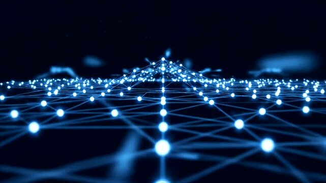Glowing blue network connections in darkness.