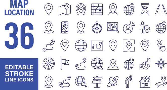 Map Location icon set. Containing pin, flag, GPS, destination, direction, distance, place, navigation, route, road, marker, address, position and more. Editable line icons. Vector illustration.	