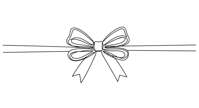 Minimalist continuous line drawing of a ribbon bow, elegant gift wrap bow vector illustration, simple black outline decorative knot for packaging