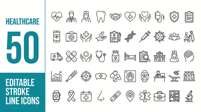 Healthcare icon set. Containing medicine, hospital, doctor, nurse, ambulance, medical, treatment, pills, mental care and more. Editable line icons. Vector file illustration.