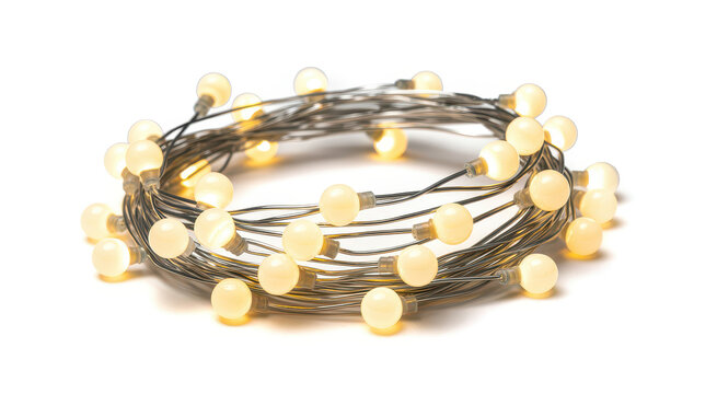Coiled string of glowing warm white led fairy lights isolated on a plain white background view